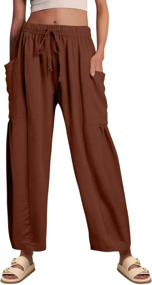 Cotton Linen Pants Women Capri Wide Leg Pants Palazzo Lounge Pant Drawstring Summer Beach Harem Pant with Pockets