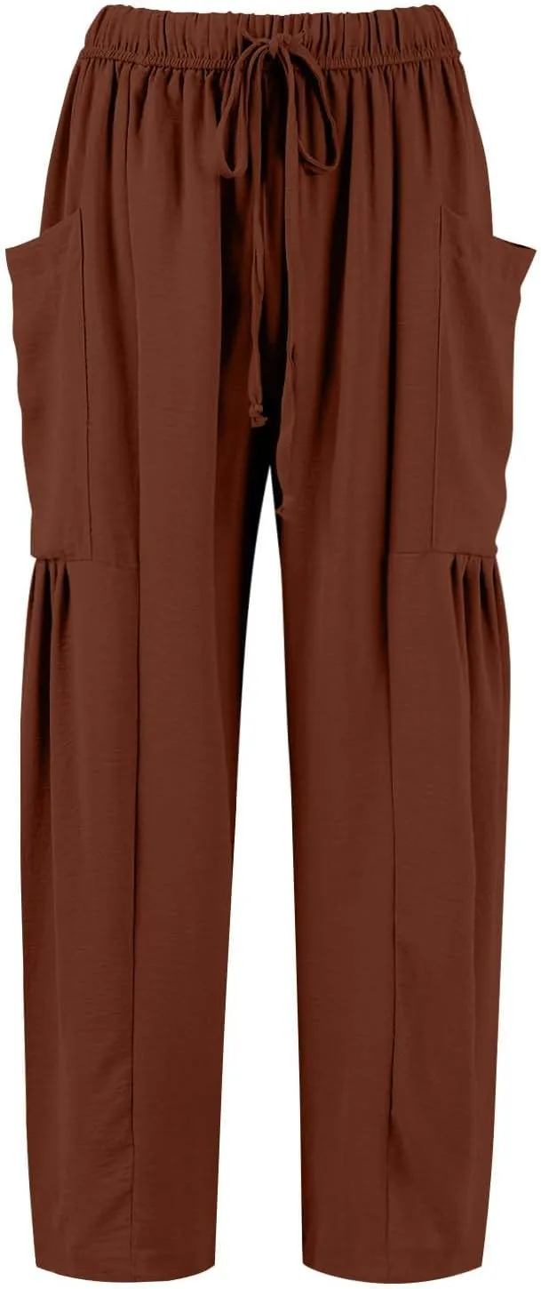 Cotton Linen Pants Women Capri Wide Leg Pants Palazzo Lounge Pant Drawstring Summer Beach Harem Pant with Pockets