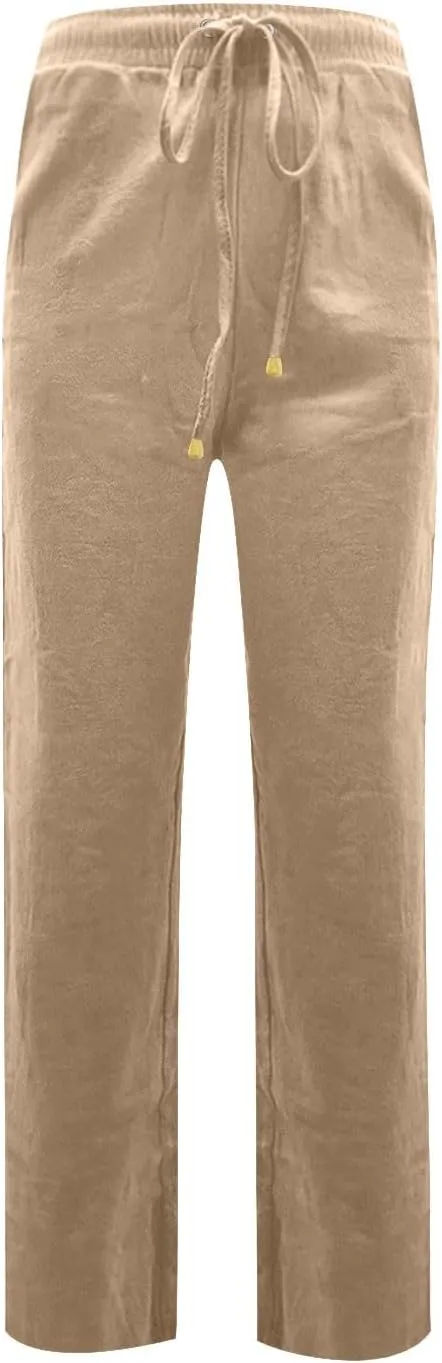 Cotton Linen Pants Women Elastic Waist Pull On Dress Pants Straight Leg Summer Boho Flowy Beach Pants with Pockets
