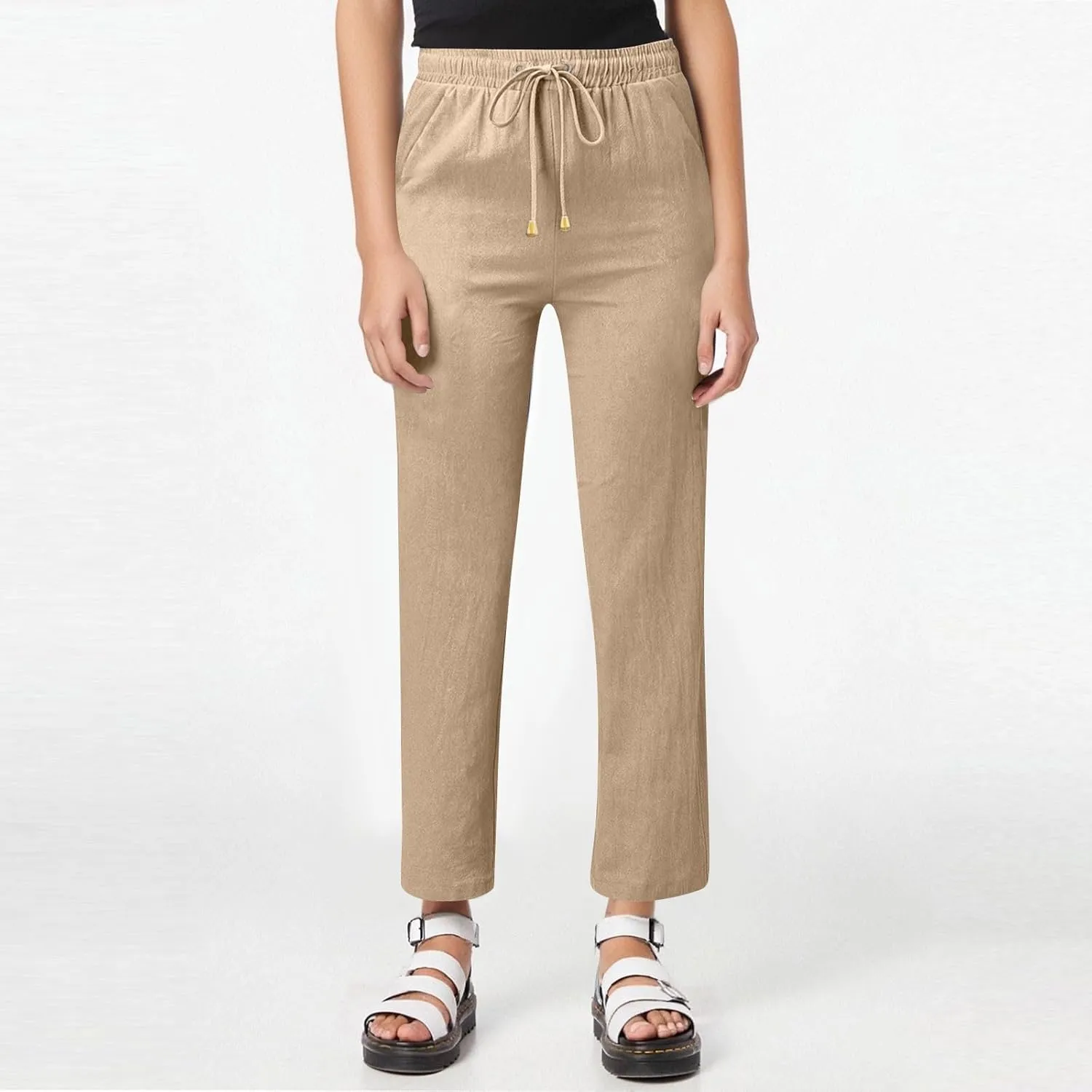 Cotton Linen Pants Women Elastic Waist Pull On Dress Pants Straight Leg Summer Boho Flowy Beach Pants with Pockets
