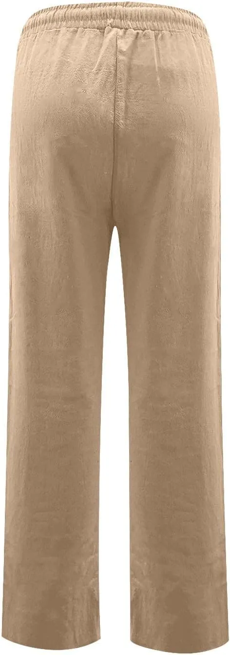 Cotton Linen Pants Women Elastic Waist Pull On Dress Pants Straight Leg Summer Boho Flowy Beach Pants with Pockets