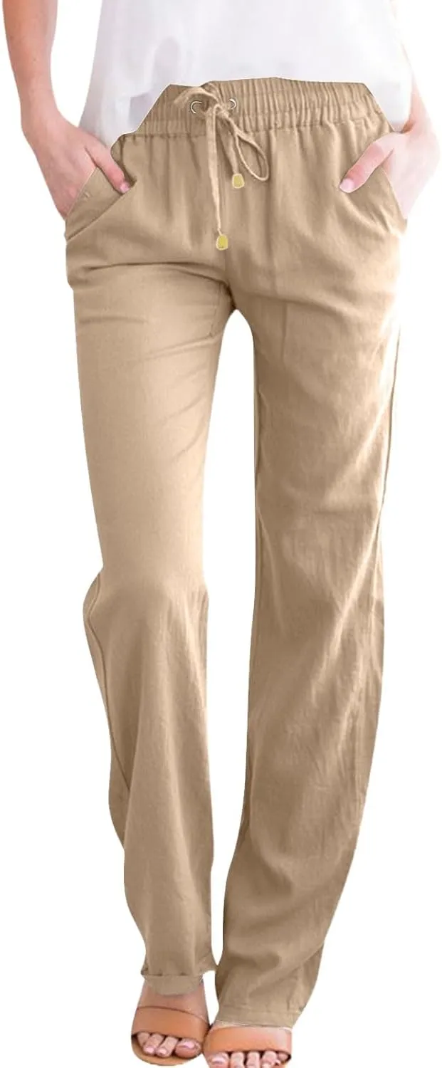 Cotton Linen Pants Women Elastic Waist Pull On Dress Pants Straight Leg Summer Boho Flowy Beach Pants with Pockets