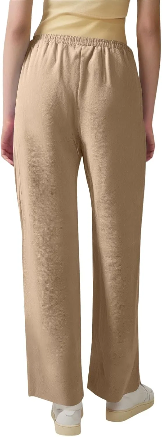 Cotton Linen Pants Women Elastic Waist Pull On Dress Pants Straight Leg Summer Boho Flowy Beach Pants with Pockets