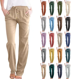 Cotton Linen Pants Women Elastic Waist Pull On Dress Pants Straight Leg Summer Boho Flowy Beach Pants with Pockets