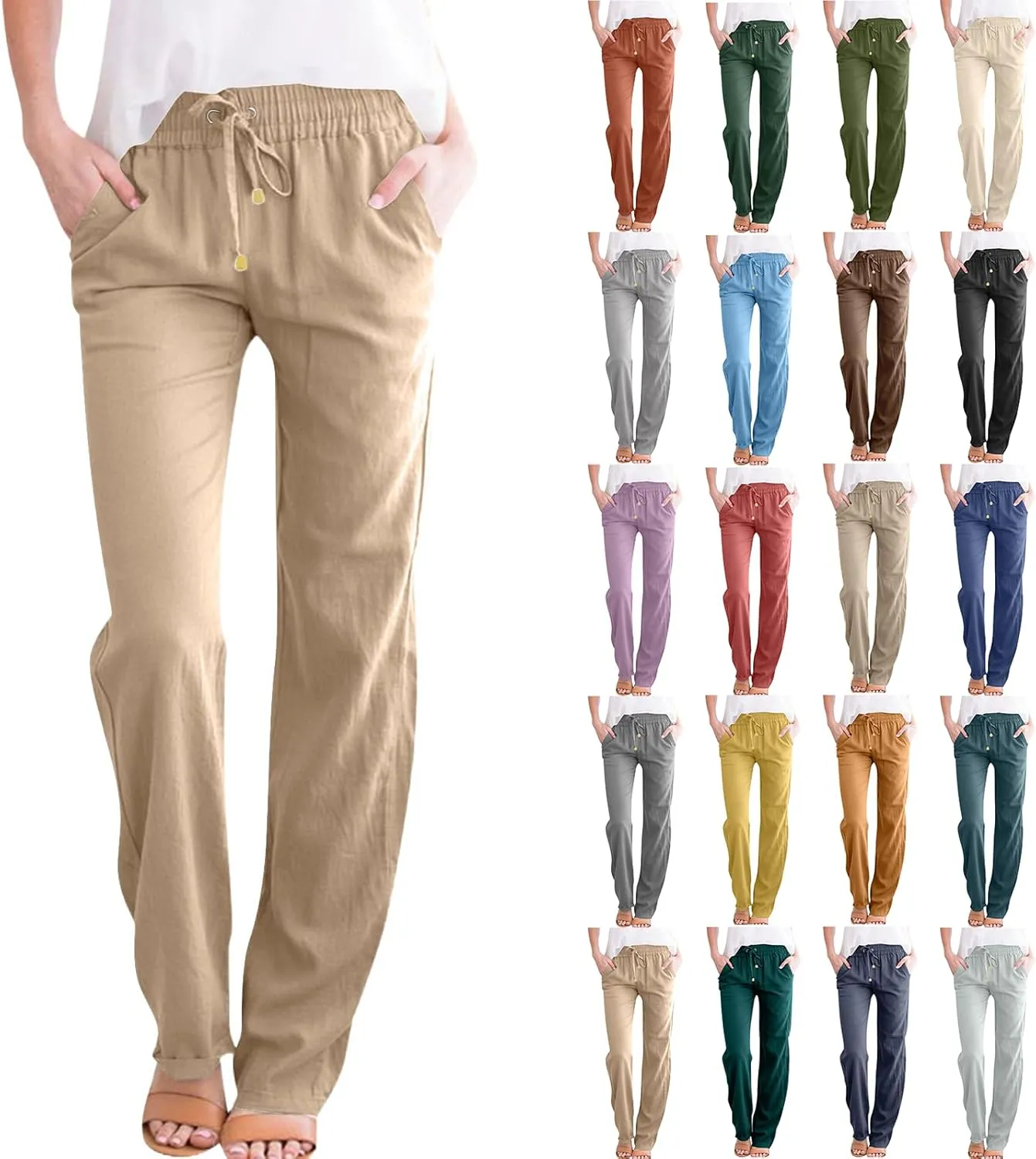 Cotton Linen Pants Women Elastic Waist Pull On Dress Pants Straight Leg Summer Boho Flowy Beach Pants with Pockets