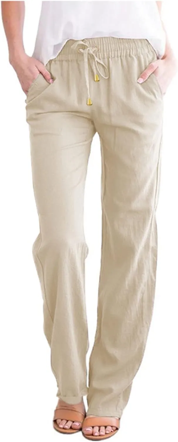 Cotton Linen Pants Women Straight Leg Solid Color Casual Trousers Drawstring Relaxed Loose Fit Solid Lounge Trousers