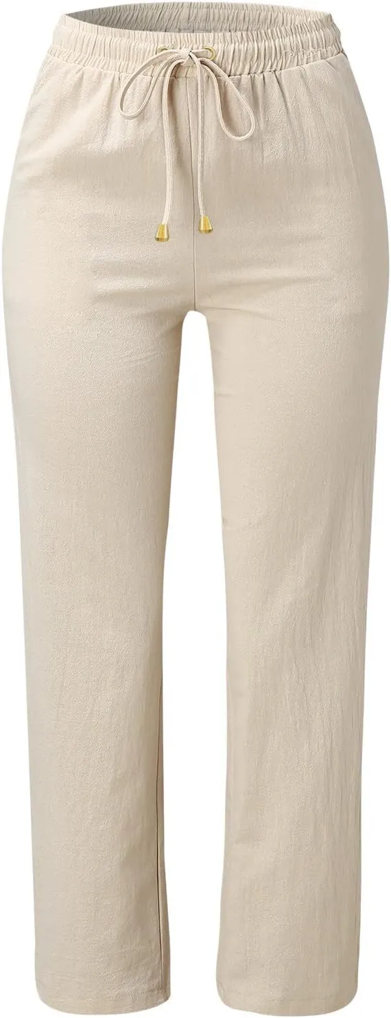 Cotton Linen Pants Women Straight Leg Solid Color Casual Trousers Drawstring Relaxed Loose Fit Solid Lounge Trousers