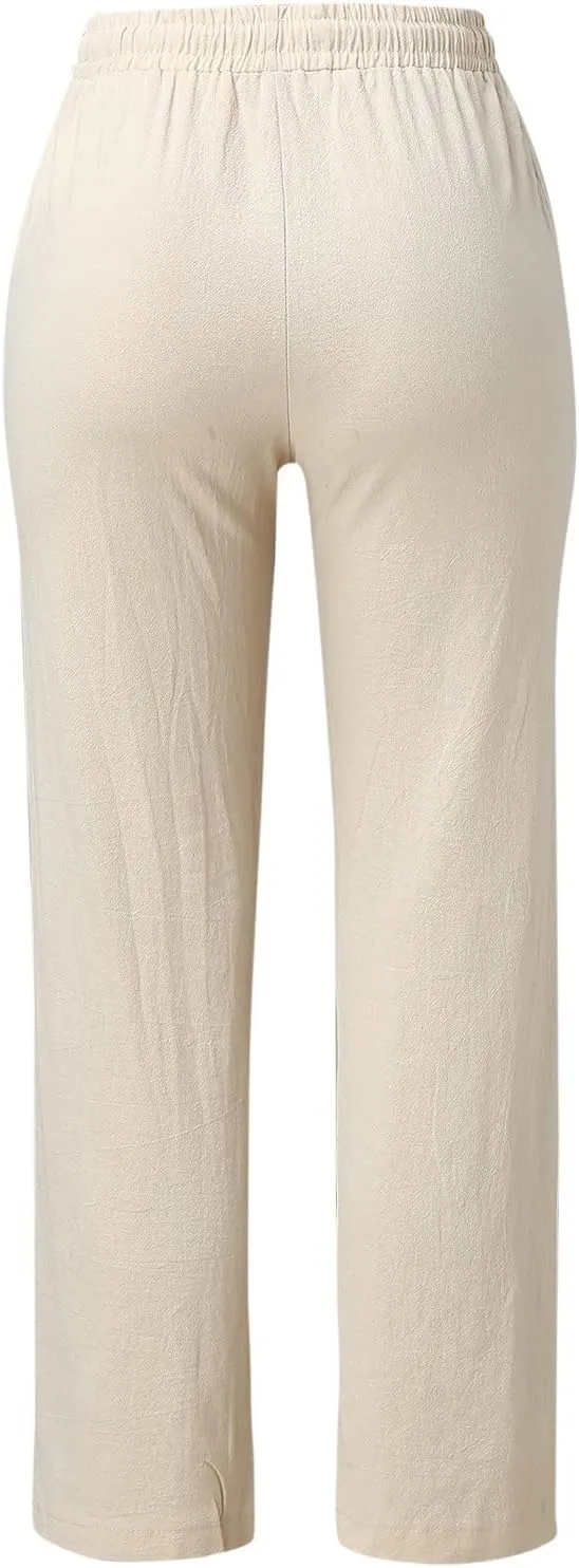 Cotton Linen Pants Women Straight Leg Solid Color Casual Trousers Drawstring Relaxed Loose Fit Solid Lounge Trousers
