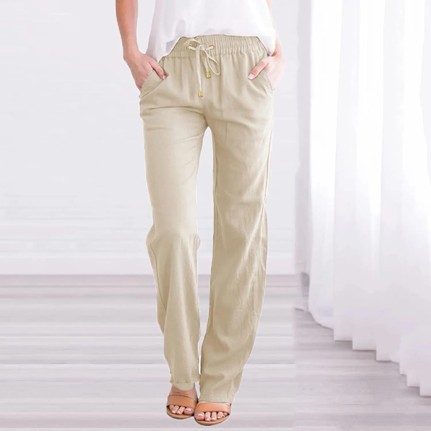 Cotton Linen Pants Women Straight Leg Solid Color Casual Trousers Drawstring Relaxed Loose Fit Solid Lounge Trousers