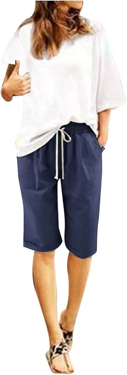 Cotton Linen Shorts for Women Loose Fit Knee Length Bermuda Shorts Elastic Waist Workout Shorts Casual Summer Shorts