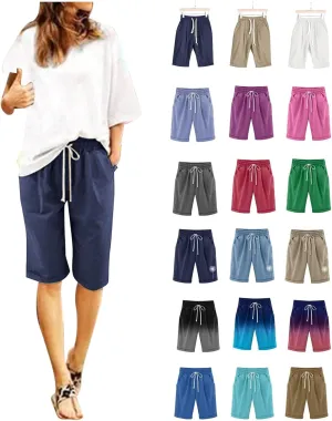 Cotton Linen Shorts for Women Loose Fit Knee Length Bermuda Shorts Elastic Waist Workout Shorts Casual Summer Shorts