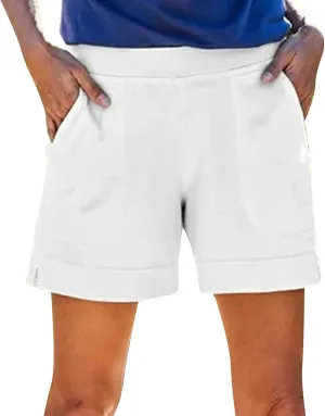Cotton Linen Shorts for Women Summer Elastic High Waisted Wide Leg Casual Shorts Lightweight Breathable Pants with Pockets