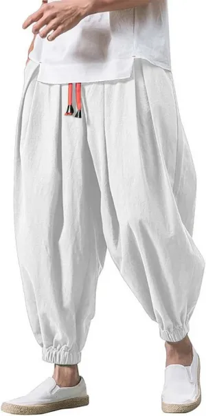 CRNTCEM Mens Loose Casual Harem Pants Cotton Linen Plus Size Flowy Hippie Trousers Wide Leg Street Hip Hop Bloomer Pants