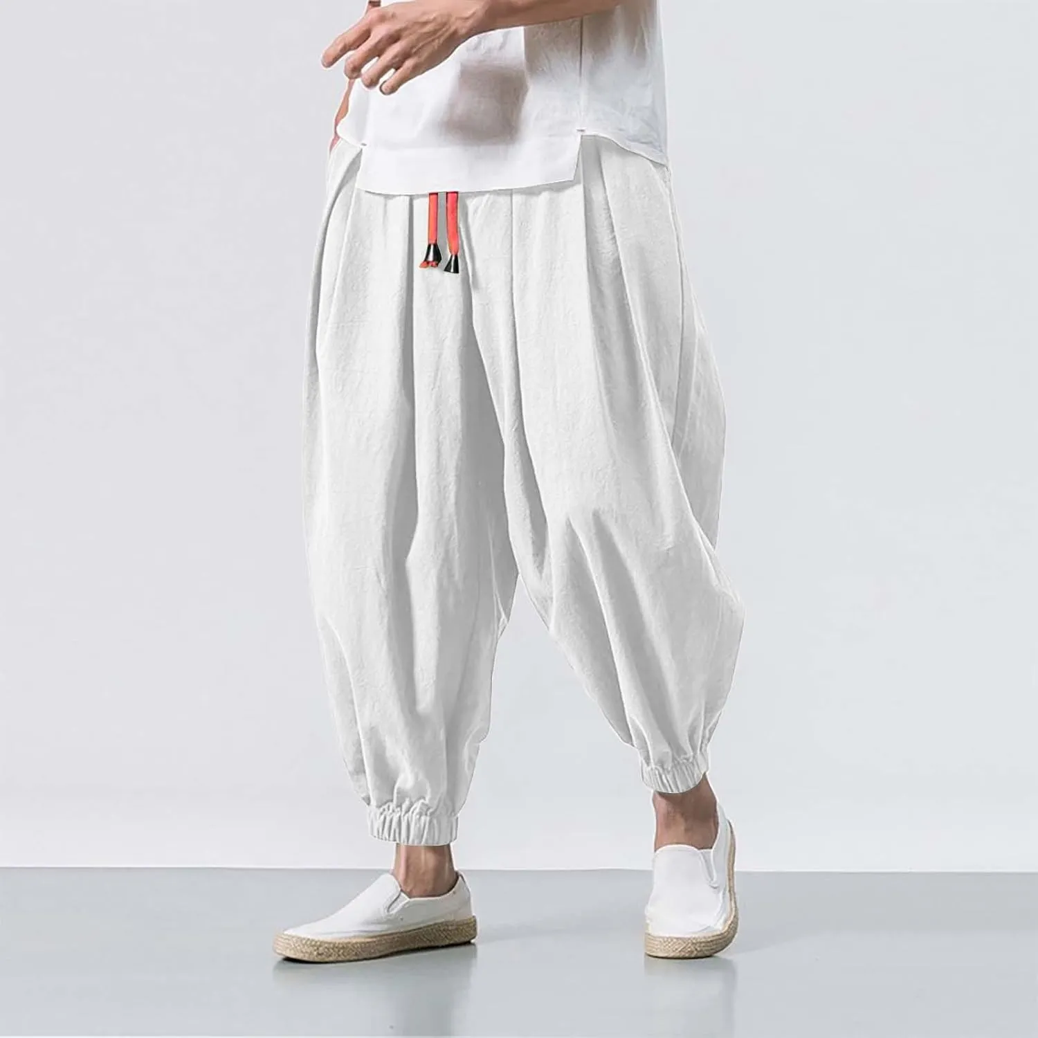 CRNTCEM Mens Loose Casual Harem Pants Cotton Linen Plus Size Flowy Hippie Trousers Wide Leg Street Hip Hop Bloomer Pants