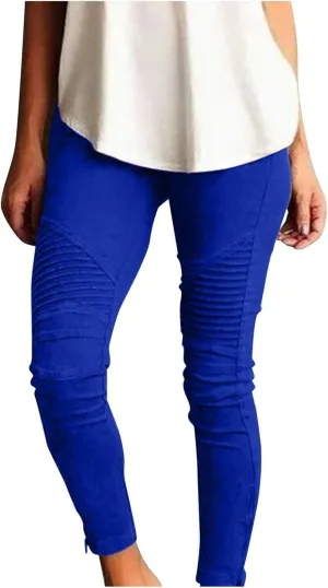CRNTCEM Womens Cotton Jeggings for Women High Waisted Stretch Skinny Moto Biker Leggings Pleated Slim Pull-On Pencil Pants