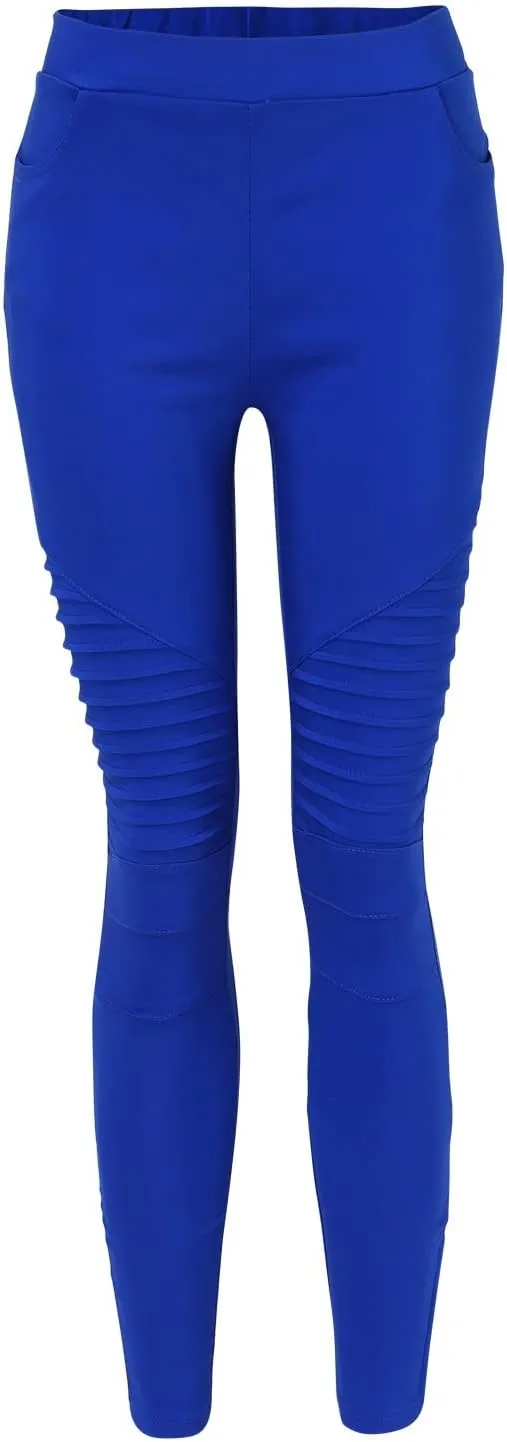 CRNTCEM Womens Cotton Jeggings for Women High Waisted Stretch Skinny Moto Biker Leggings Pleated Slim Pull-On Pencil Pants