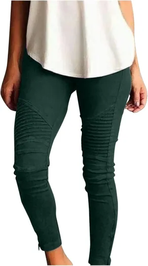 CRNTCEM Womens Cotton Jeggings for Women High Waisted Stretch Skinny Moto Biker Leggings Pleated Slim Pull-On Pencil Pants