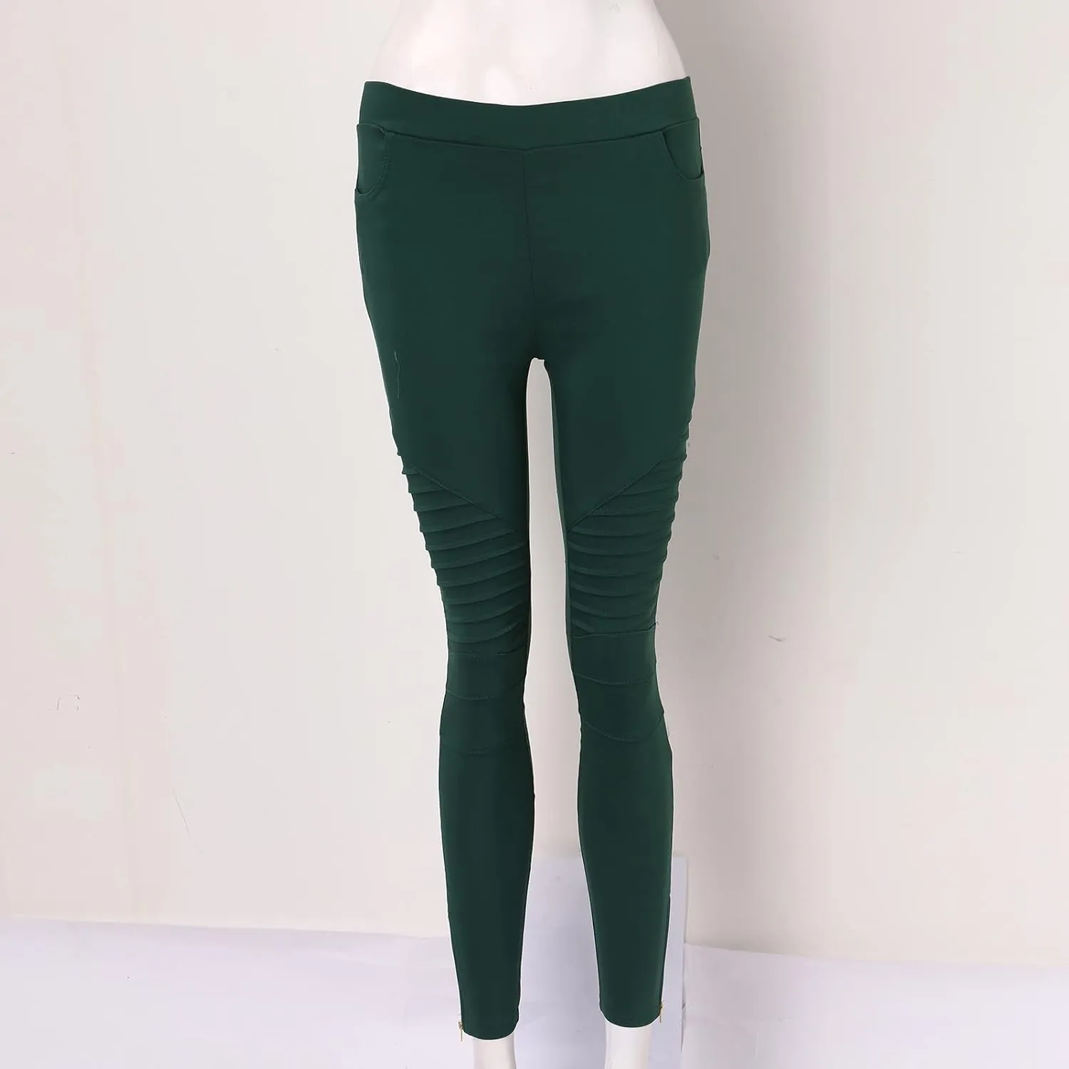 CRNTCEM Womens Cotton Jeggings for Women High Waisted Stretch Skinny Moto Biker Leggings Pleated Slim Pull-On Pencil Pants