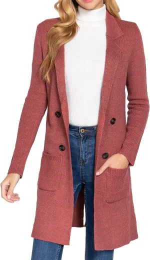 DAY VILLAGE Women's Casual Open Front Notched Collar Patch Pocket Longline Sweater Cardigan
