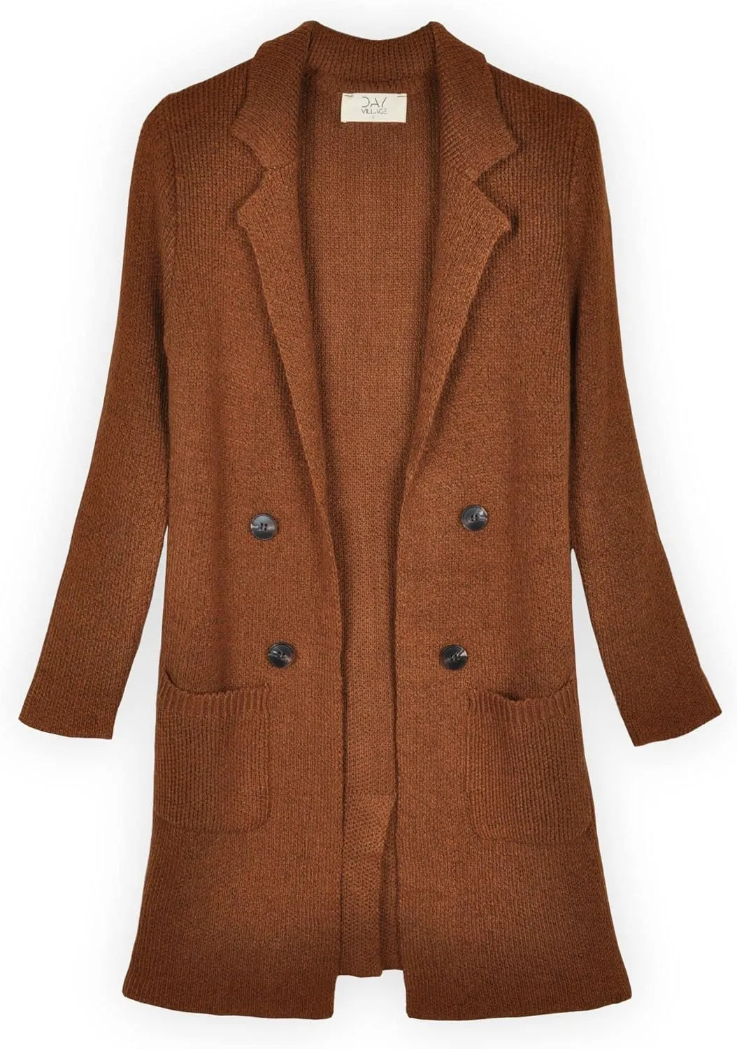DAY VILLAGE Women's Casual Open Front Notched Collar Patch Pocket Longline Sweater Cardigan