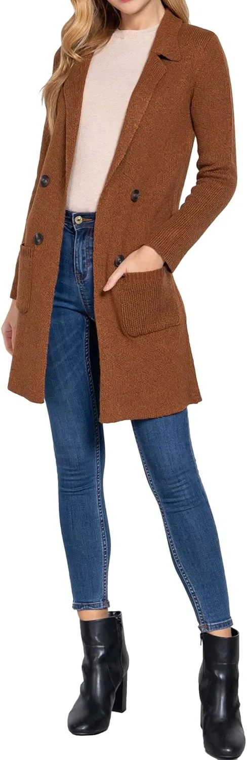 DAY VILLAGE Women's Casual Open Front Notched Collar Patch Pocket Longline Sweater Cardigan
