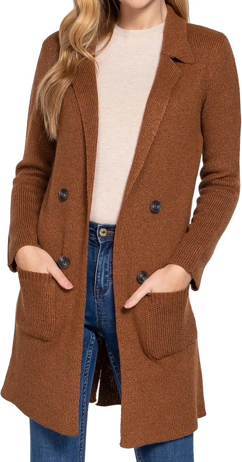 DAY VILLAGE Women's Casual Open Front Notched Collar Patch Pocket Longline Sweater Cardigan