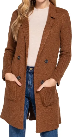 DAY VILLAGE Women's Casual Open Front Notched Collar Patch Pocket Longline Sweater Cardigan