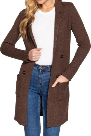 DAY VILLAGE Women's Casual Open Front Notched Collar Patch Pocket Longline Sweater Cardigan