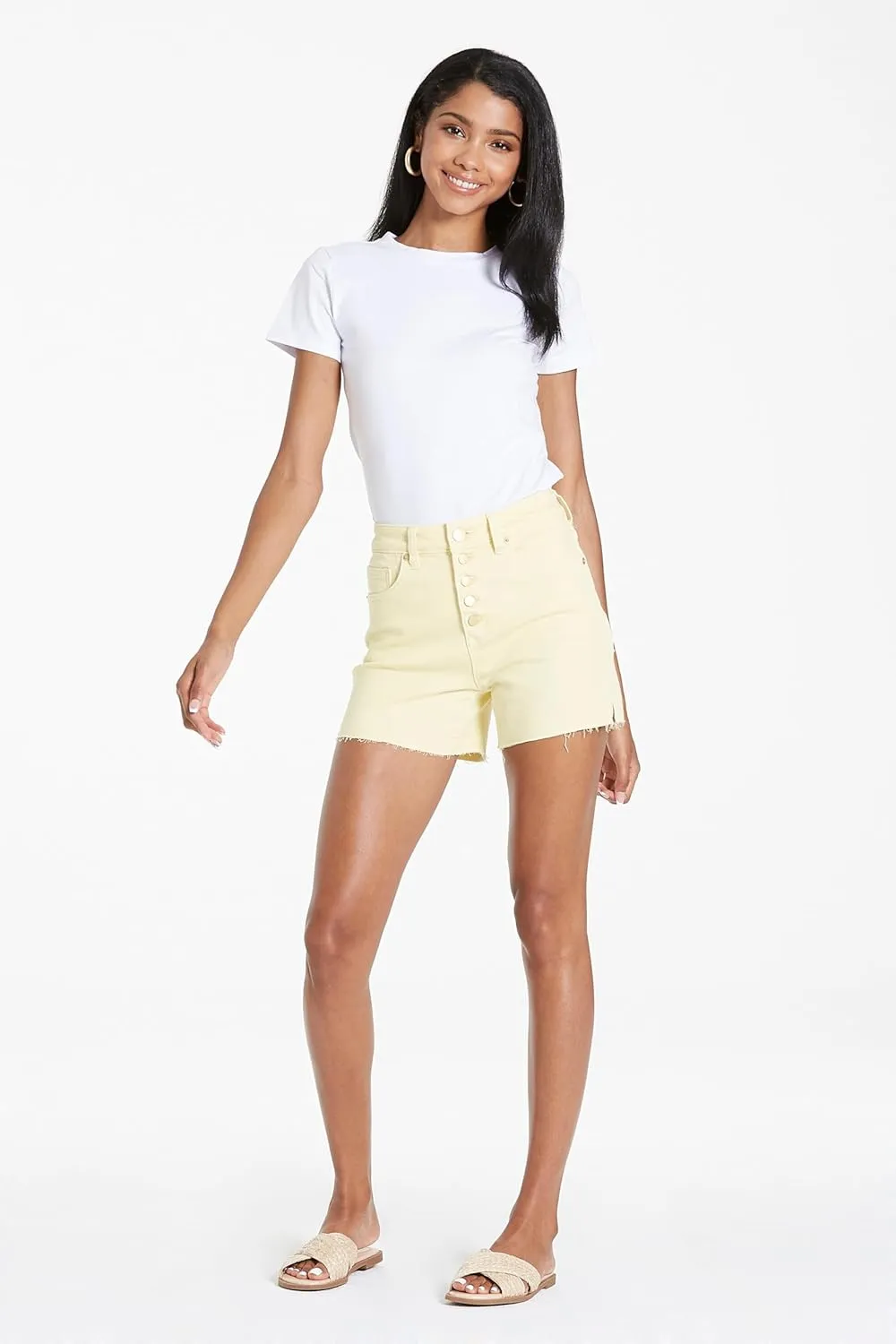 DEAR JOHN Denim Women's Shorts Classic High Rise Raw Edge Hem Casual Shorts Stretch Denim Short