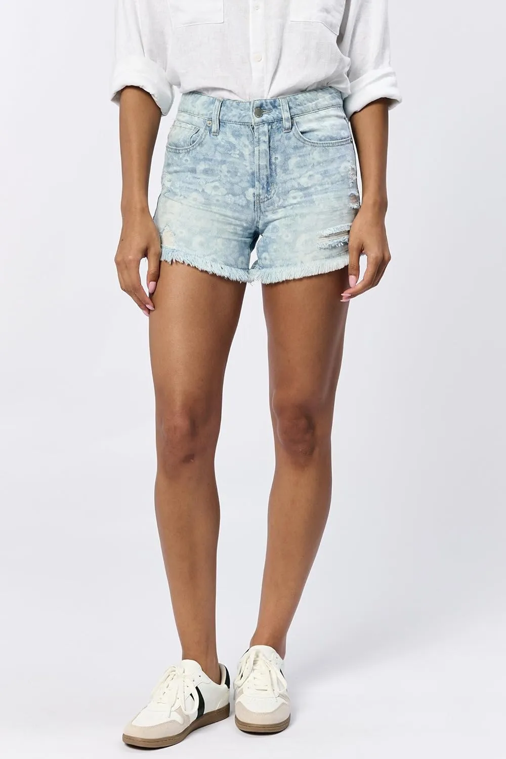 DEAR JOHN Denim Women's Shorts Classic High Rise Raw Edge Hem Casual Shorts Stretch Denim Short