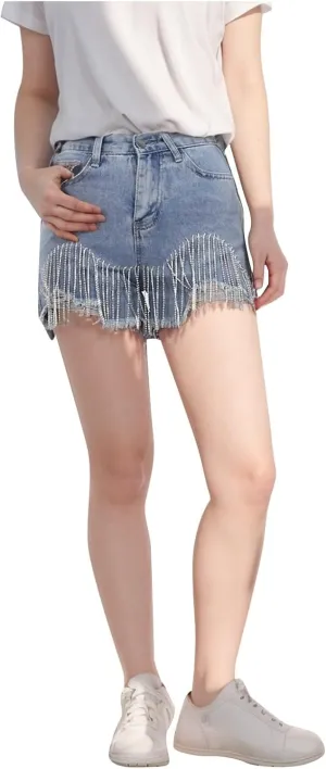 Denim Shorts Women High Waist Slim Fit Sexy Fringe Chain Design Distressed Denim for Casual Outings Summer Fashion