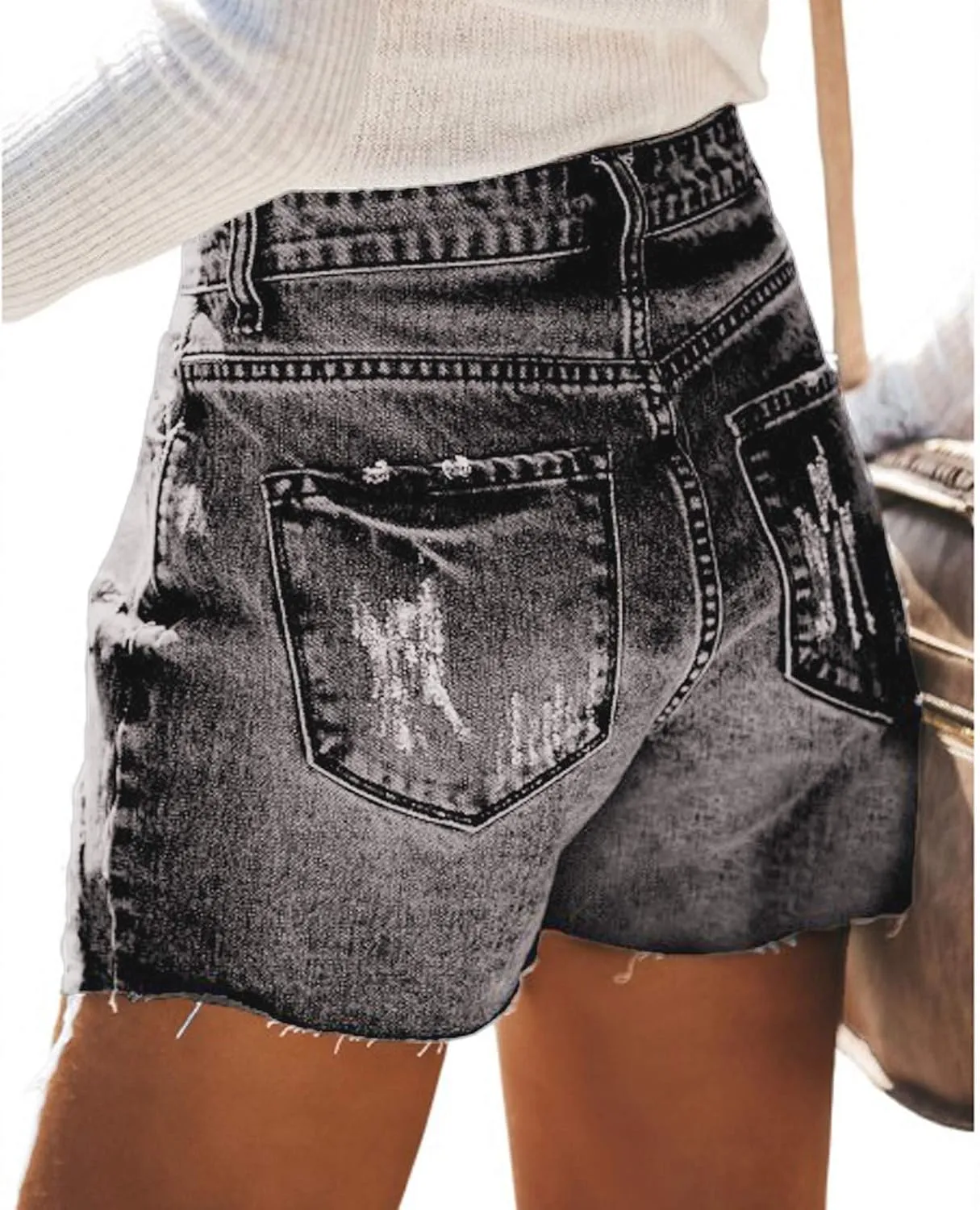 Denim Shorts Women High Waisted Ripped Hole Stretchy Mom Jean Shorts Pure Color Casual Frayed Hem Slim Shorts