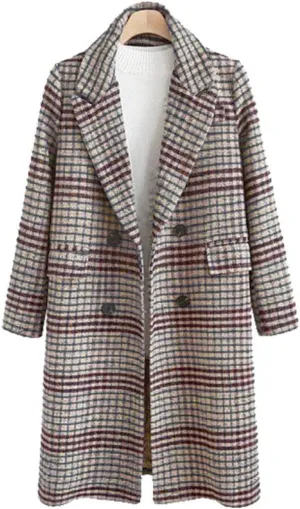 ebossy Women's Double Breasted Longline Wool Blend Plaid Overcoat Outerwear