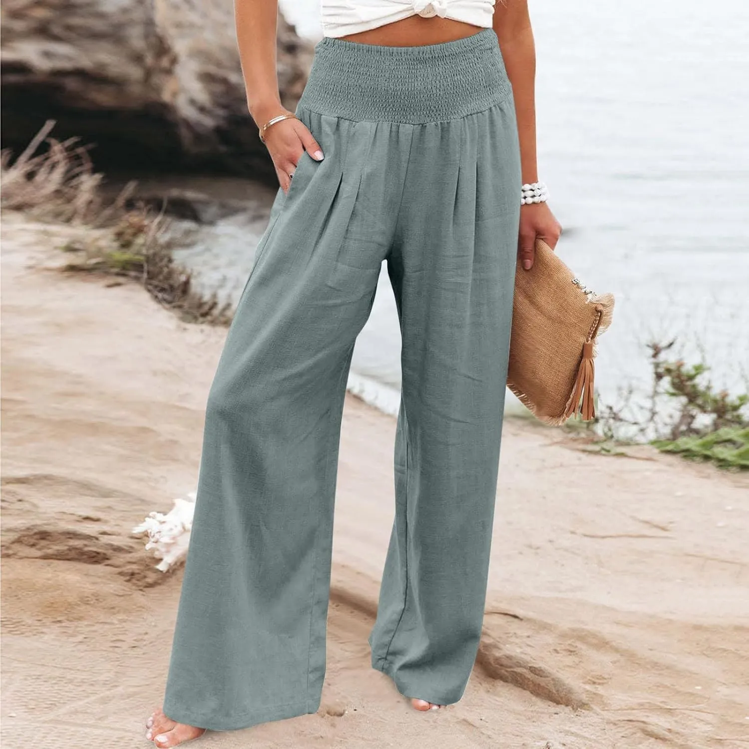 Elastic Waist Linen Pants for Women High Rise Yoga Pants Summer Casual Flowy Pants Loose Fit Lounge Pants with Pocket