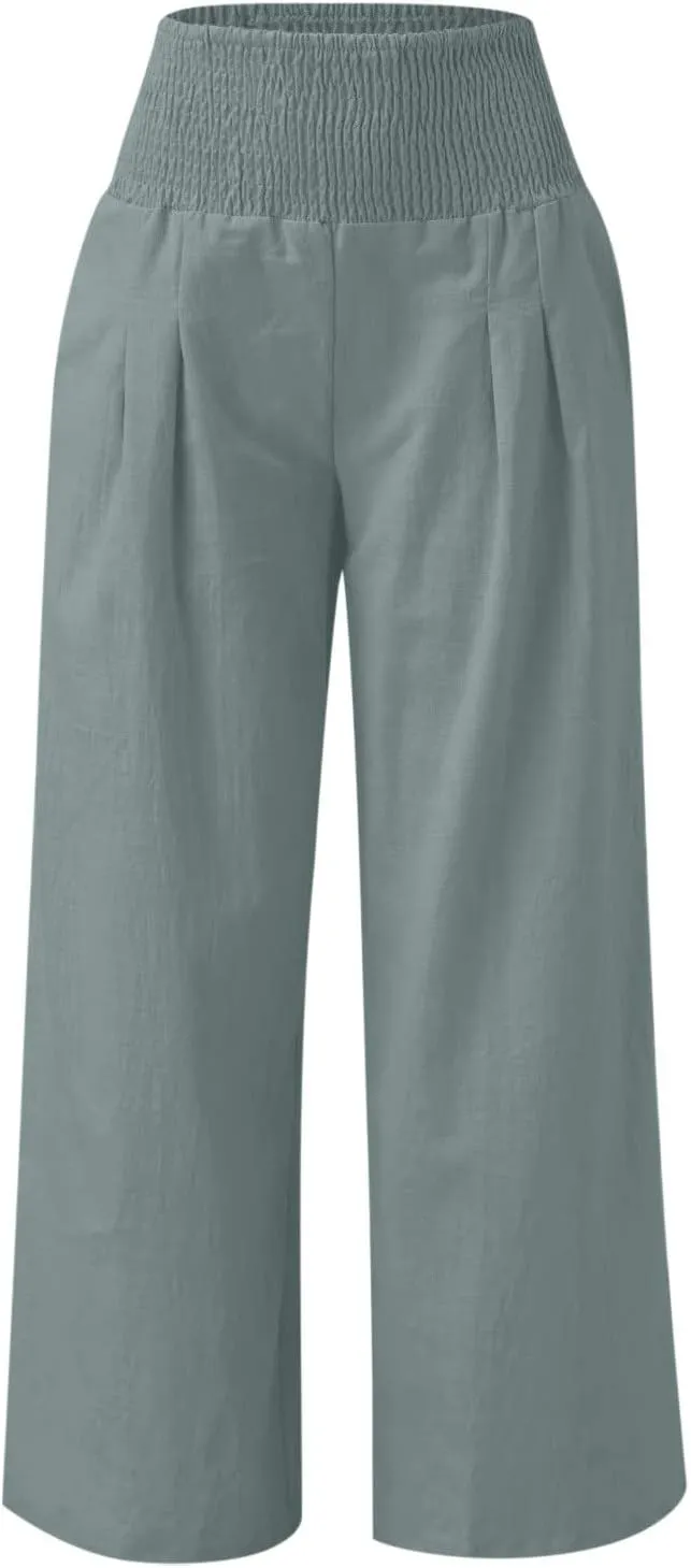 Elastic Waist Linen Pants for Women High Rise Yoga Pants Summer Casual Flowy Pants Loose Fit Lounge Pants with Pocket
