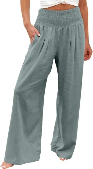 Elastic Waist Linen Pants for Women High Rise Yoga Pants Summer Casual Flowy Pants Loose Fit Lounge Pants with Pocket