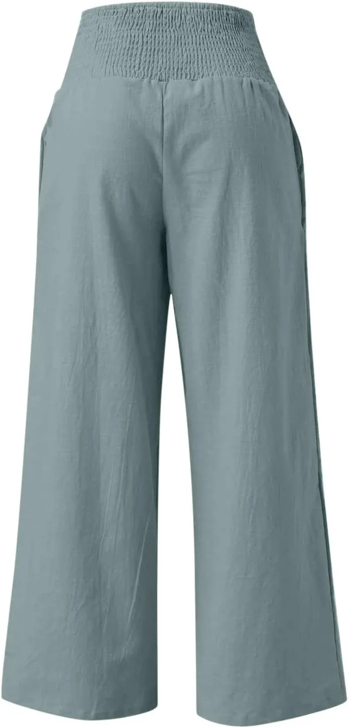 Elastic Waist Linen Pants for Women High Rise Yoga Pants Summer Casual Flowy Pants Loose Fit Lounge Pants with Pocket