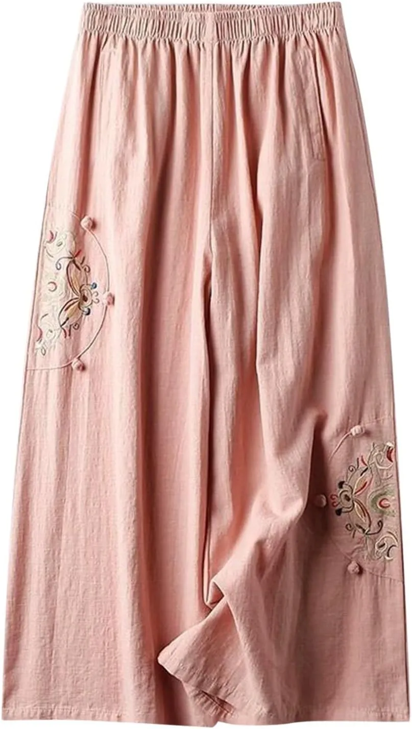 Embroidered Capris for Women Cotton Linen Wide Leg Pants Plus Size Summer Capri Pants Elastic Waist Beach Pants