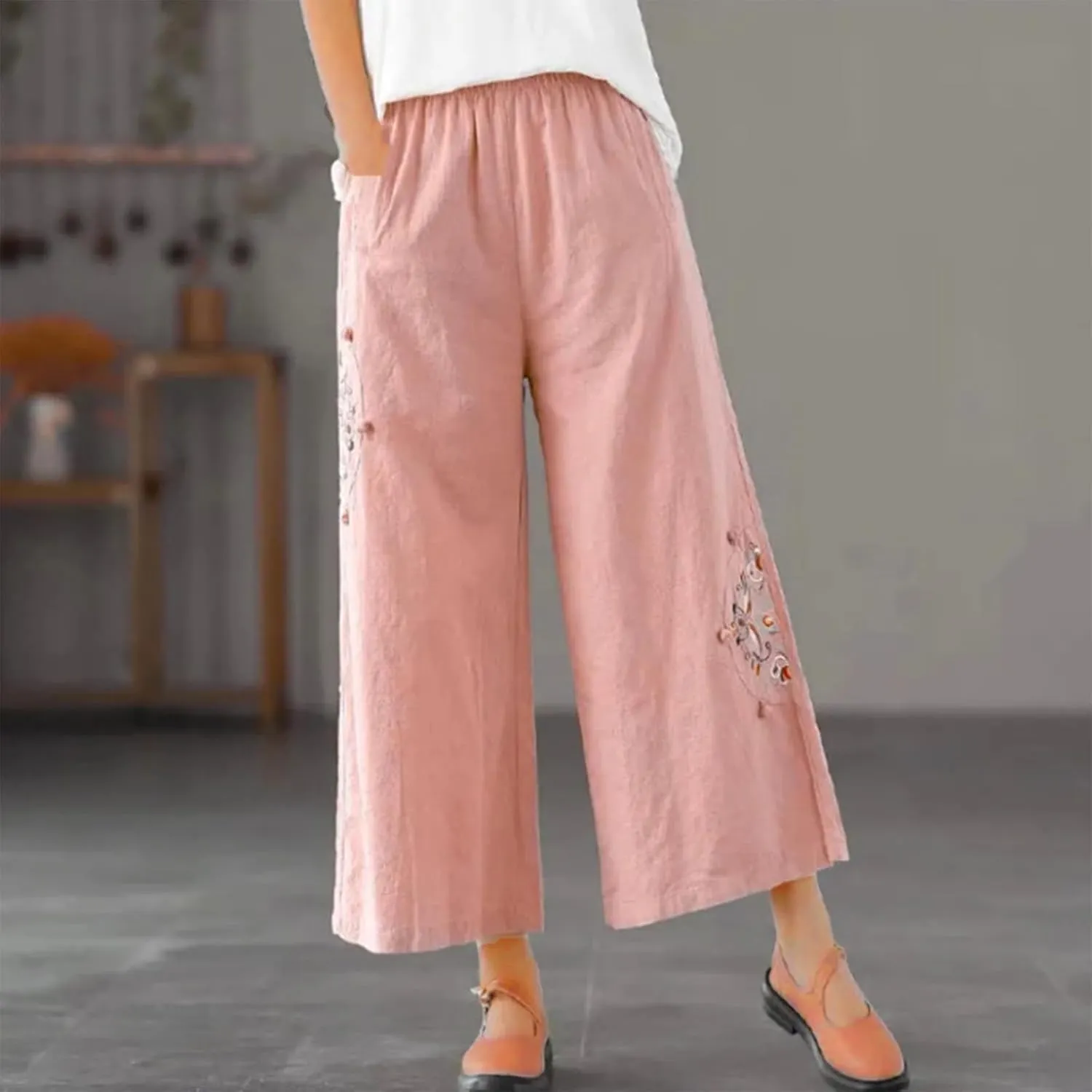 Embroidered Capris for Women Cotton Linen Wide Leg Pants Plus Size Summer Capri Pants Elastic Waist Beach Pants