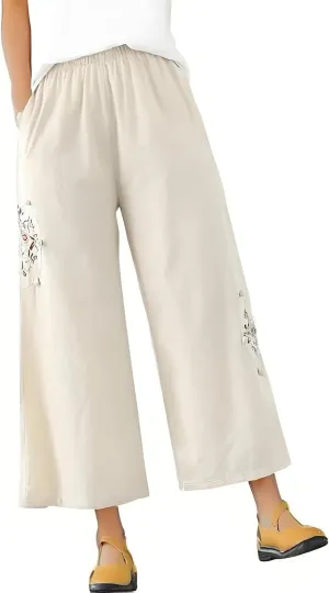 Embroidered Capris for Women Cotton Linen Wide Leg Pants Plus Size Summer Capri Pants Elastic Waist Beach Pants