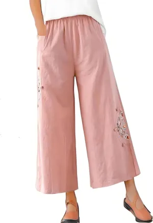 Embroidered Capris for Women Cotton Linen Wide Leg Pants Plus Size Summer Capri Pants Elastic Waist Beach Pants
