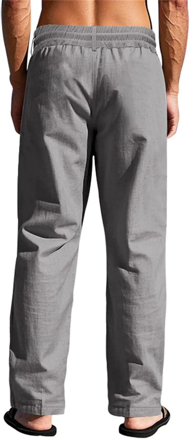 evzosrz Mens Baggy Linen Pants Casual Button Drawstring Elastic Waist Sweatpants Lightweight Summer Loose Fit Jogger Trousers
