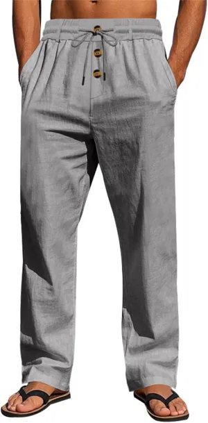 evzosrz Mens Baggy Linen Pants Casual Button Drawstring Elastic Waist Sweatpants Lightweight Summer Loose Fit Jogger Trousers