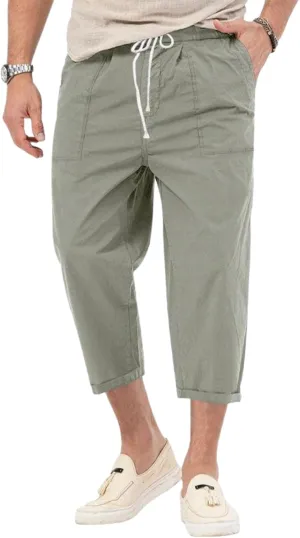 evzosrz Mens Capri Pants Cargo Shorts 3/4 Capri Long Shorts Twill Elastic Below Knee Drawstring Elastic Beach Yoga Pants