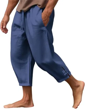 evzosrz Men's Linen Harem Pants Loose Lightweight Capri Slacks Drawstring Elastic Waist Casual Beach Yoga Trousers