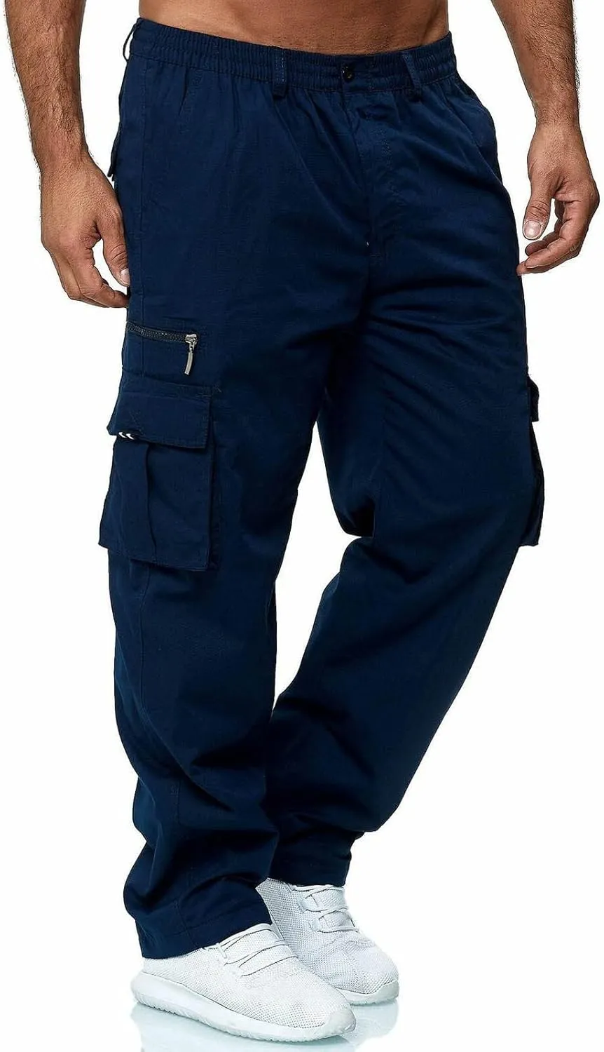 evzosrz Mens Straight Leg Cargo Pants Multi Pocket Fitness Overalls Lightweight Sports Slim Fit Trousers