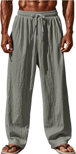 evzosrz Mens Wide Leg Pants Casual Cotton Linen Straight Elastic Waist Trousers Summer Drawstring Solid Loose Fit Beach Pant