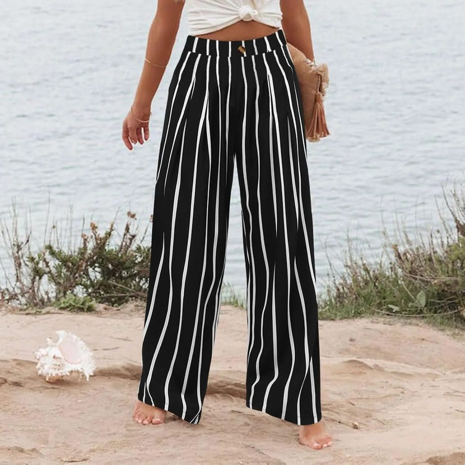 fanmpghleoo Wide Leg Linen Pants for Women Casual High Waisted Linen Palazzo Pants Flowy Beach Lounge Pants with Pockets 2025
