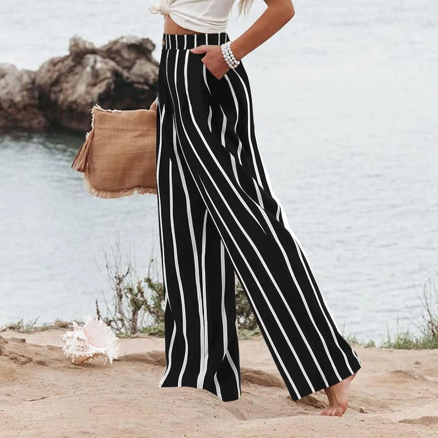 fanmpghleoo Wide Leg Linen Pants for Women Casual High Waisted Linen Palazzo Pants Flowy Beach Lounge Pants with Pockets 2025
