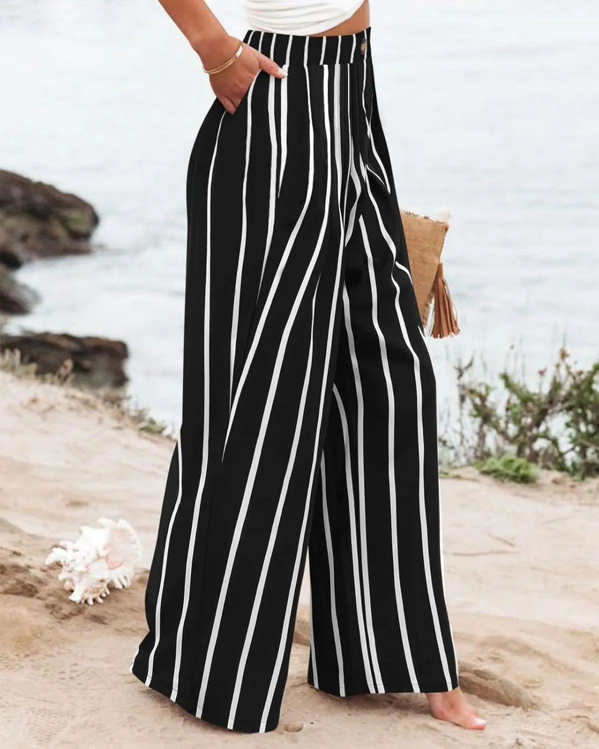 fanmpghleoo Wide Leg Linen Pants for Women Casual High Waisted Linen Palazzo Pants Flowy Beach Lounge Pants with Pockets 2025